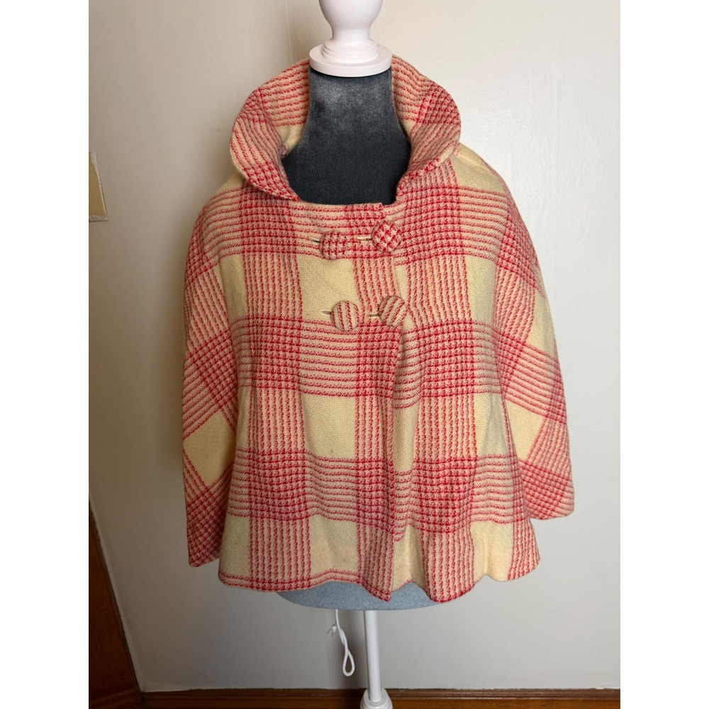 Vintage Plaid Capelet pink wool cape: Peter Pan Collar Poncho Wrap twee pretty M